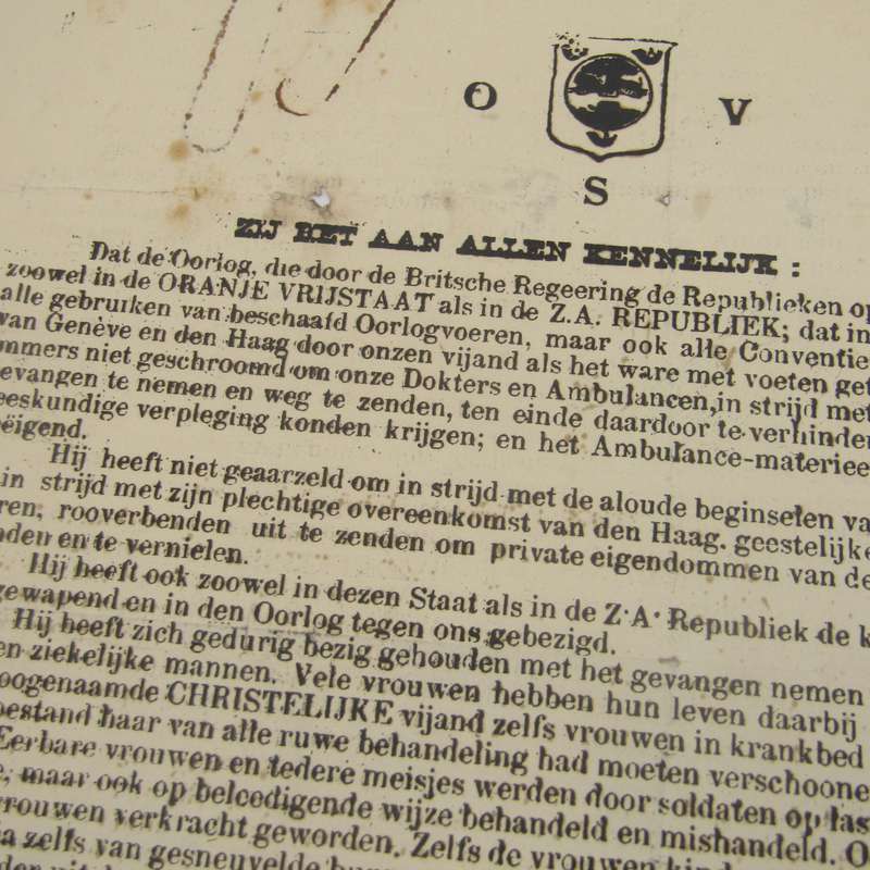 Orange Free State information pamphlet. Issued Te Velde 14 January 1901 by M. T. Steyn (President of