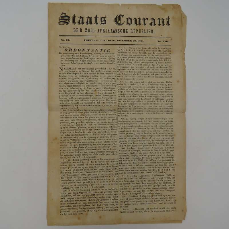 Boer war Africana   Pretoria Staats Courant 29 November 1864 - with ruling on black and coloured