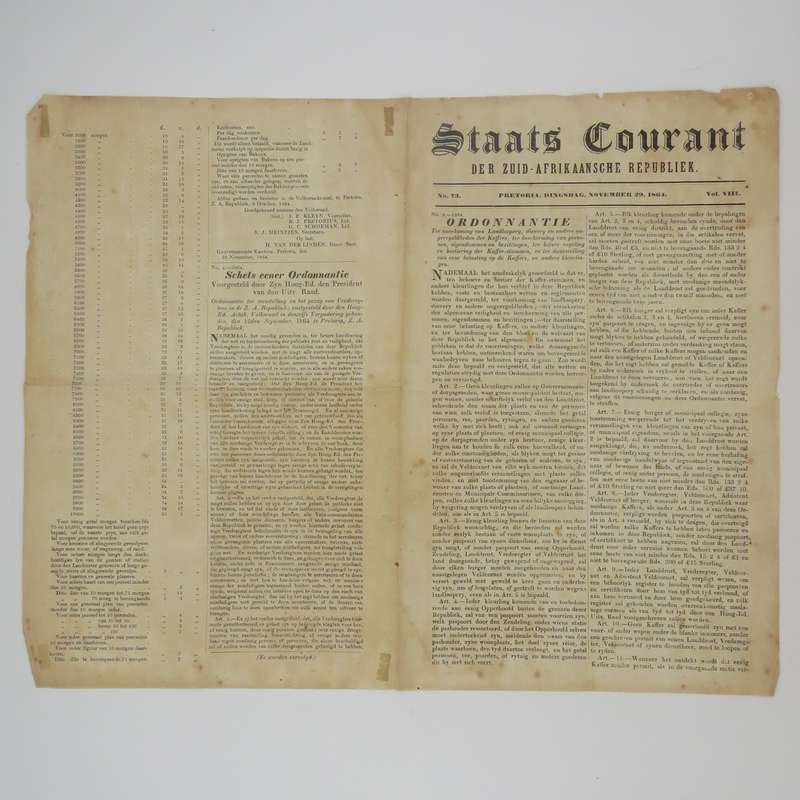 Boer war Africana   Pretoria Staats Courant 29 November 1864 - with ruling on black and coloured