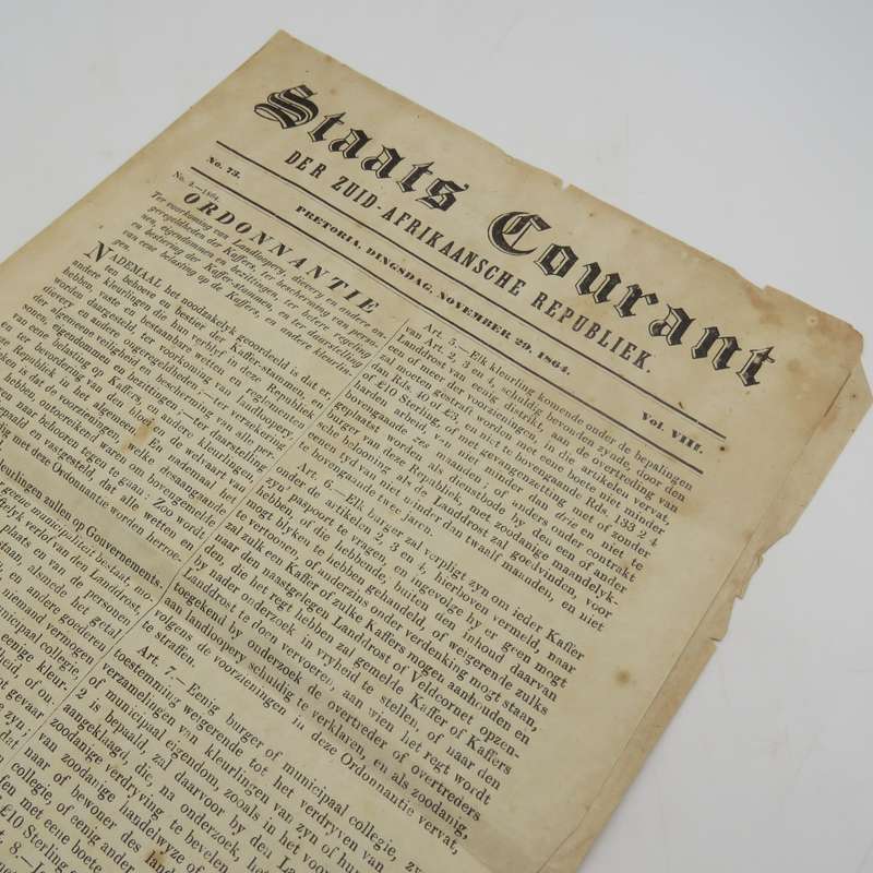 Boer war Africana   Pretoria Staats Courant 29 November 1864 - with ruling on black and coloured