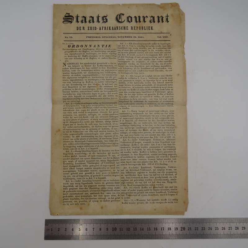 Boer war Africana   Pretoria Staats Courant 29 November 1864 - with ruling on black and coloured