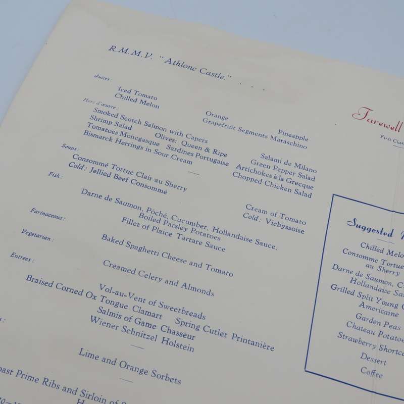 Union-Castle RMMV Athlone Castle Farewell dinner menu Wednesday 6 September 1961