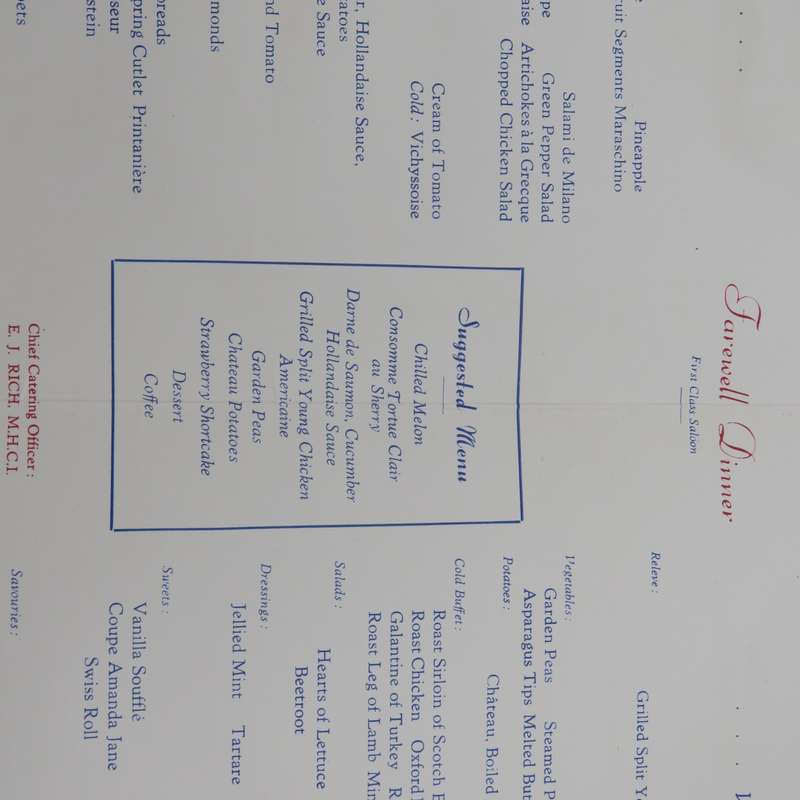 Union-Castle RMMV Athlone Castle Farewell dinner menu Wednesday 6 September 1961