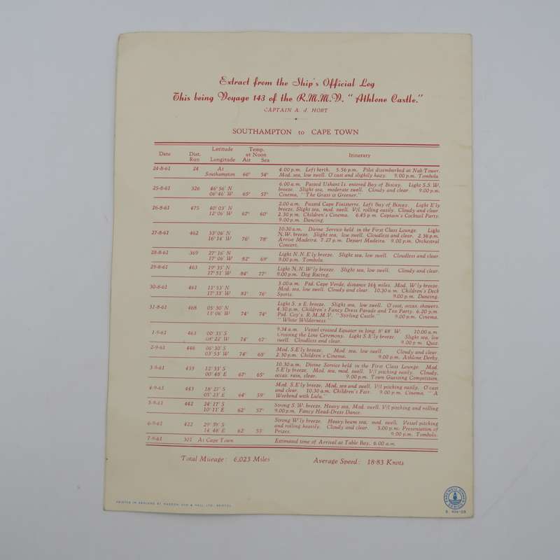 Union-Castle RMMV Athlone Castle Farewell dinner menu Wednesday 6 September 1961