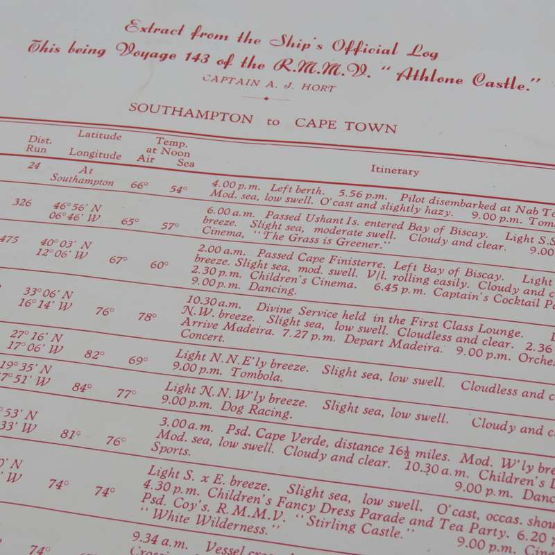 Union-Castle RMMV Athlone Castle Farewell dinner menu Wednesday 6 September 1961