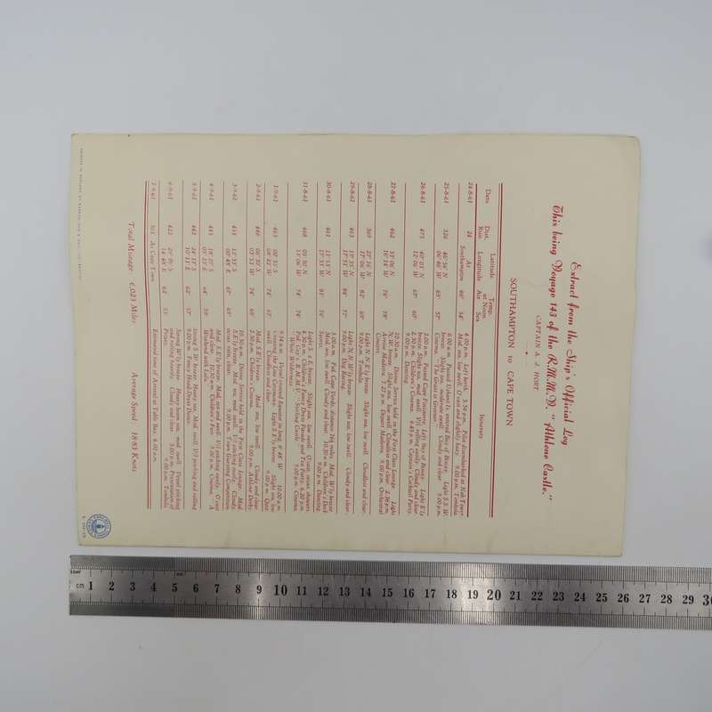 Union-Castle RMMV Athlone Castle Farewell dinner menu Wednesday 6 September 1961