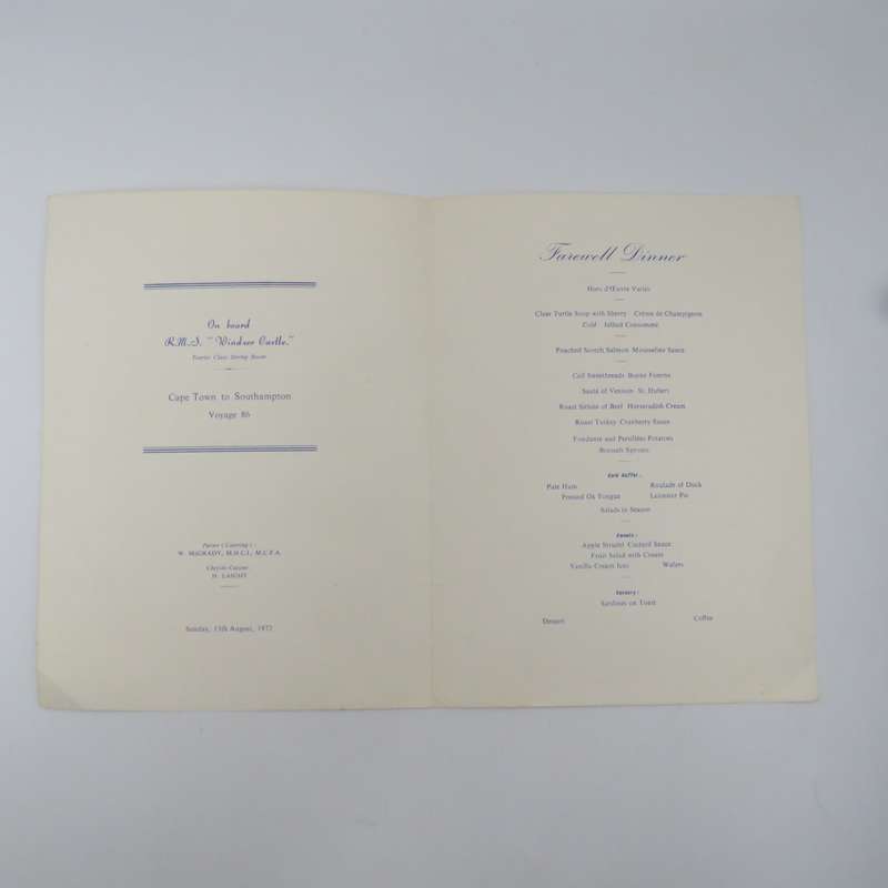 Union-Castle RMS Windsor Castle Farewell dinner menu - 13 Augustus 1972