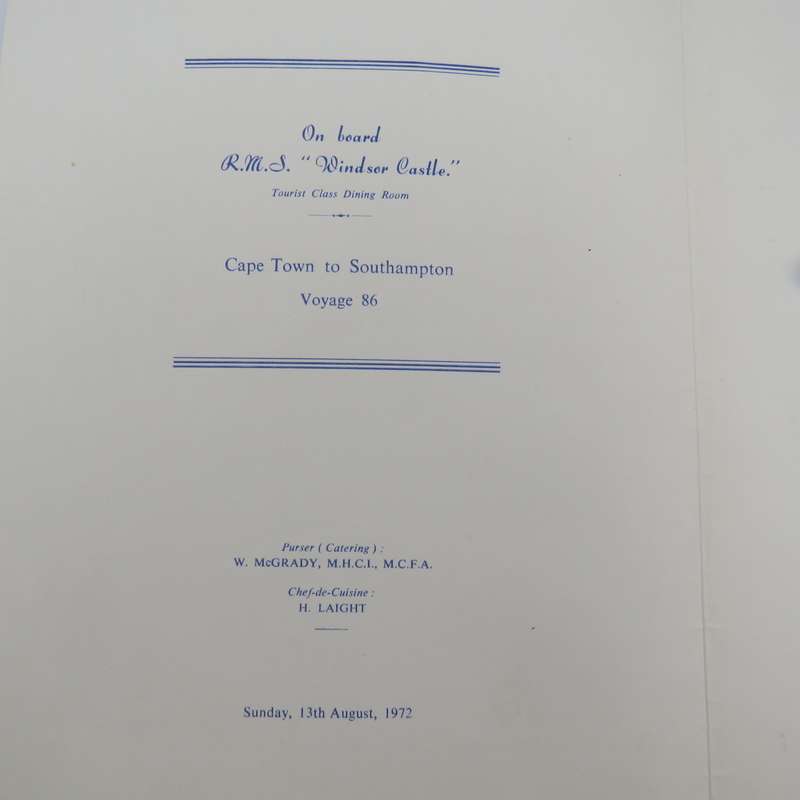 Union-Castle RMS Windsor Castle Farewell dinner menu - 13 Augustus 1972
