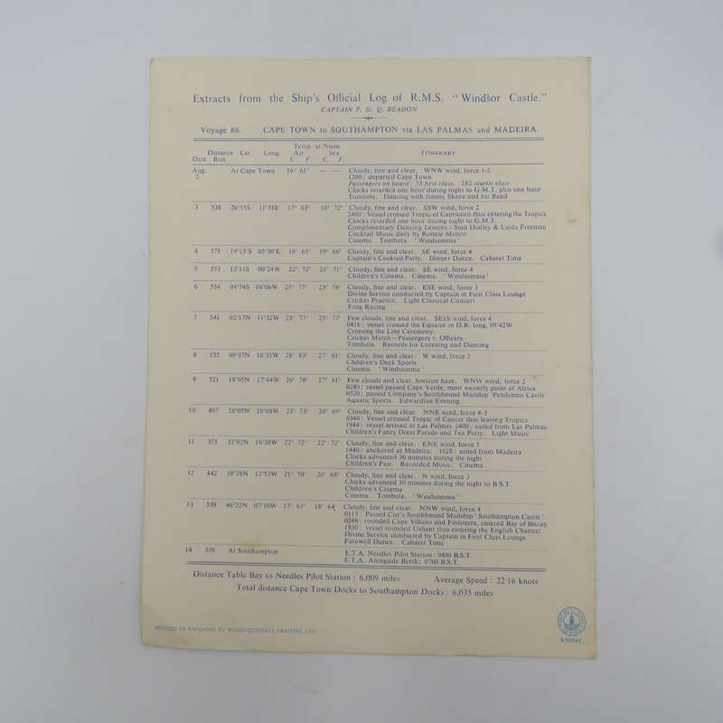 Union-Castle RMS Windsor Castle Farewell dinner menu - 13 Augustus 1972