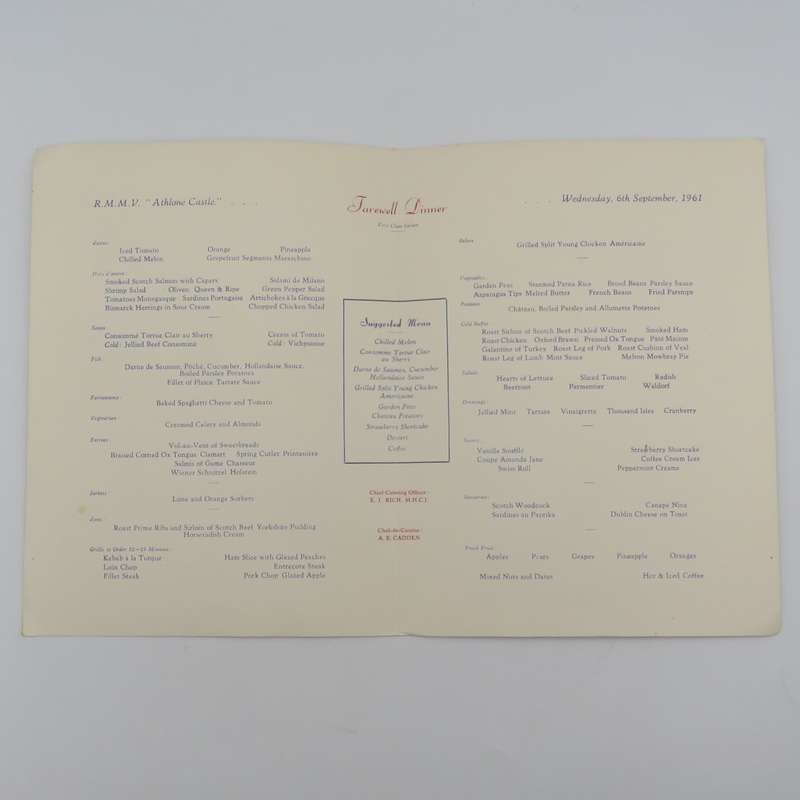 Union-Castle RMMV Athlone Castle Farewell dinner menu - 6  September 1961