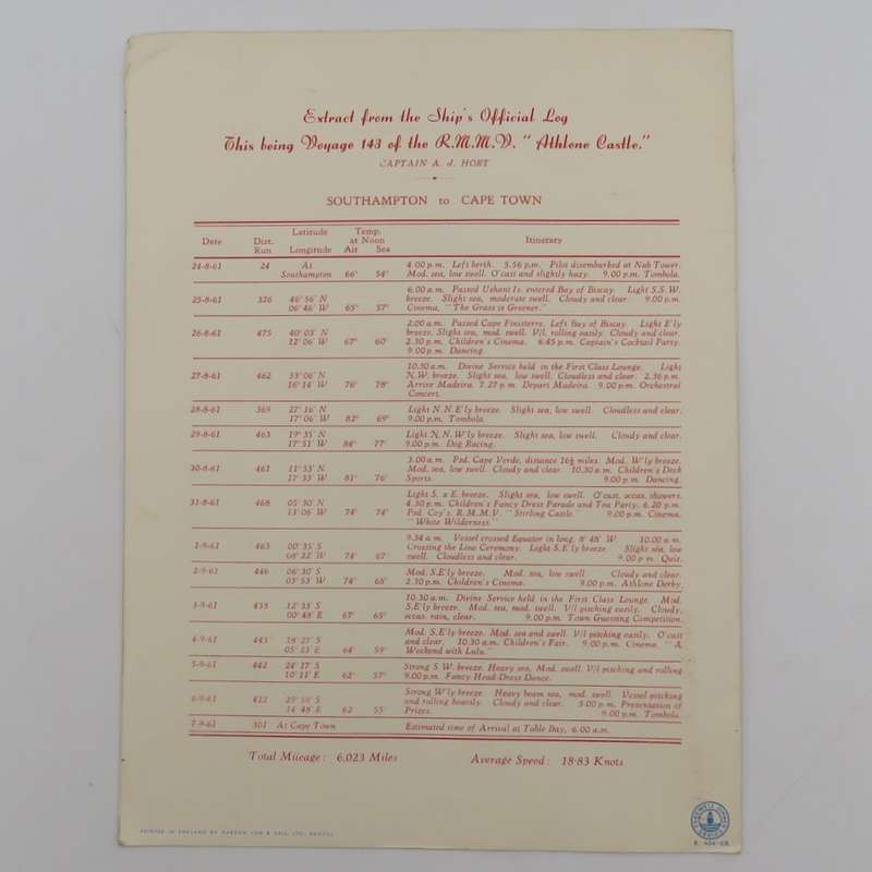 Union-Castle RMMV Athlone Castle Farewell dinner menu - 6  September 1961