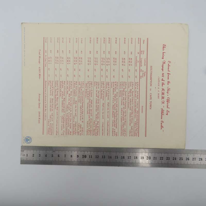 Union-Castle RMMV Athlone Castle Farewell dinner menu - 6  September 1961