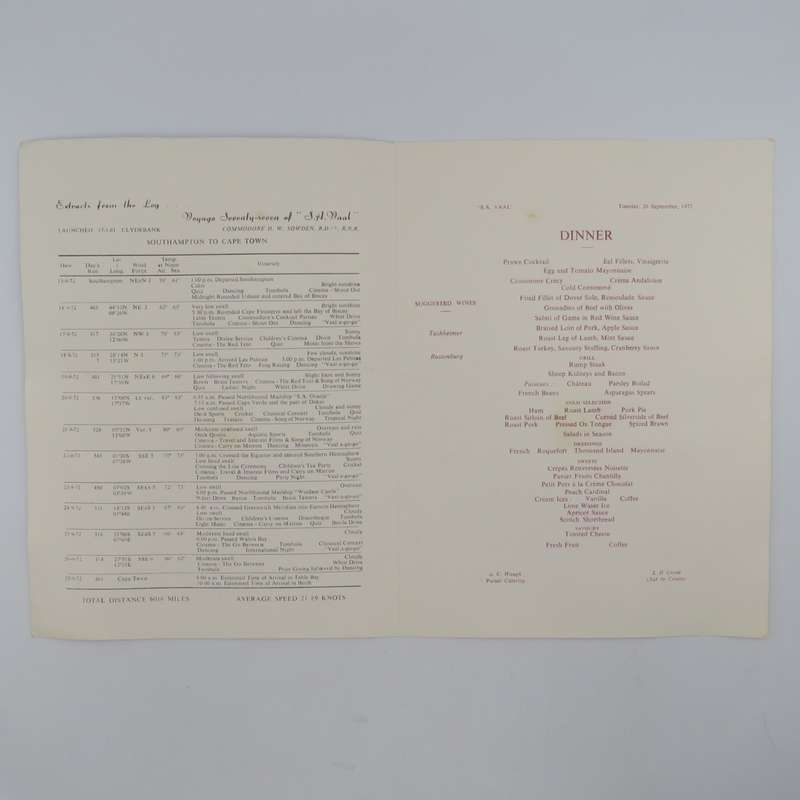 SAFmarine SA Vaal dinner menu 26 September 1972