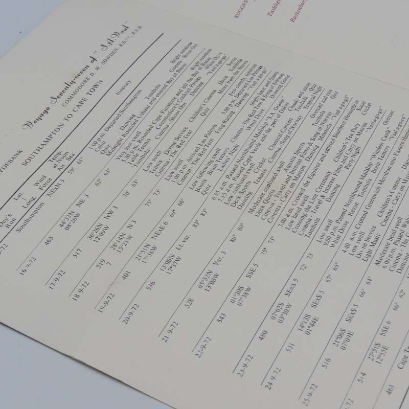 SAFmarine SA Vaal dinner menu 26 September 1972