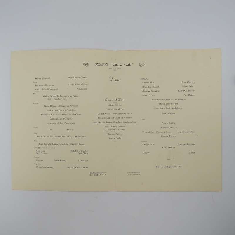 Union-Castle RMMV Athlone castle dinner menu - Sunday, 3 September 1961