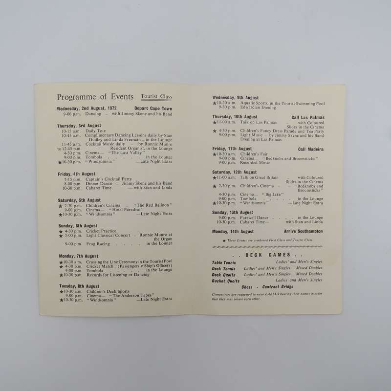 R.M.S Windsor Castle 1972 programme of Sports and entertainments