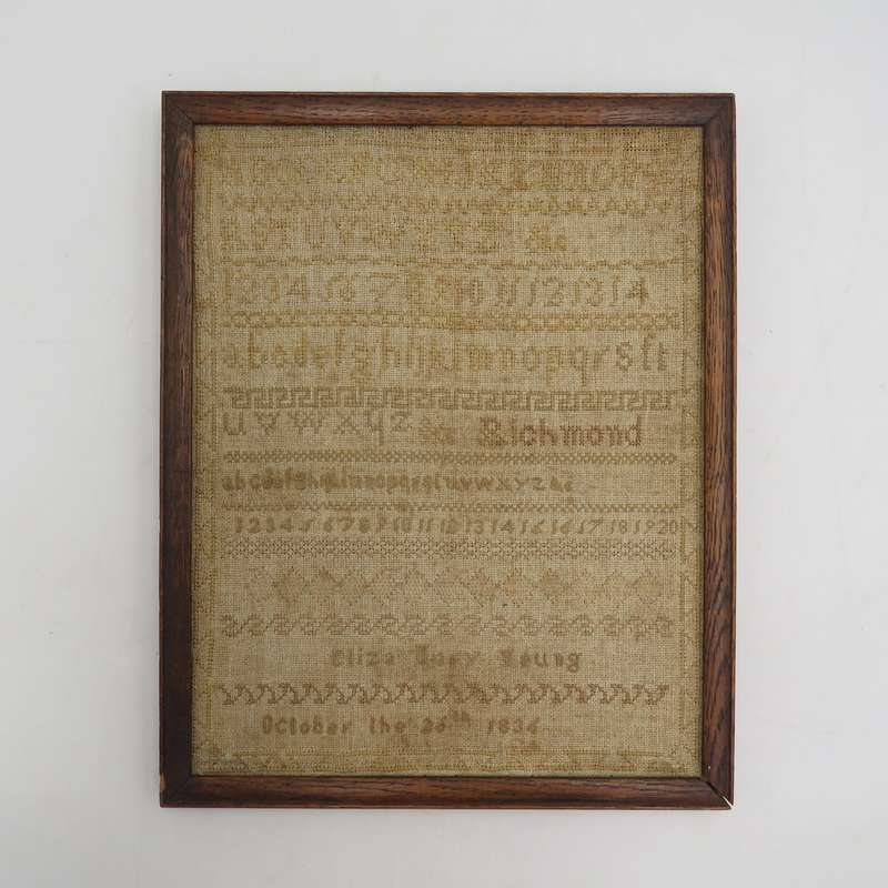Antique Embroidery sampler of Eliza Mary Young 26 October 1834 in frame - no glass on frame