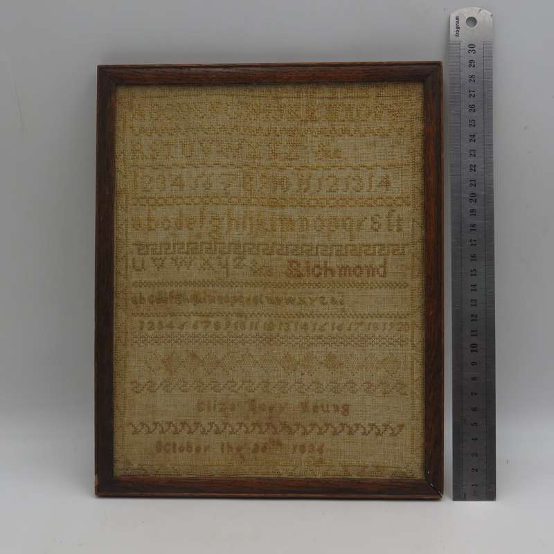 Antique Embroidery sampler of Eliza Mary Young 26 October 1834 in frame - no glass on frame