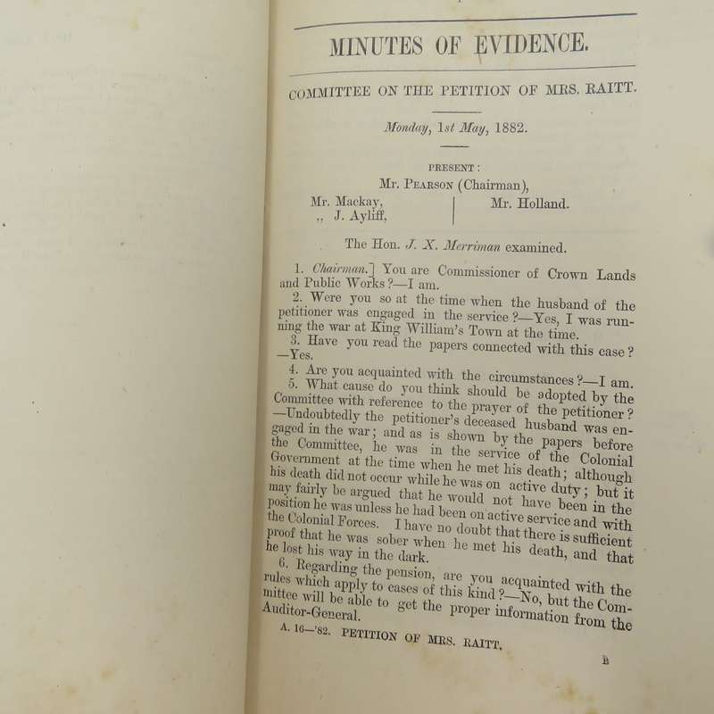 1882 Cape of Good Hope report on the petition of Mrs Raitt whose Husband Capt. Raitt fell