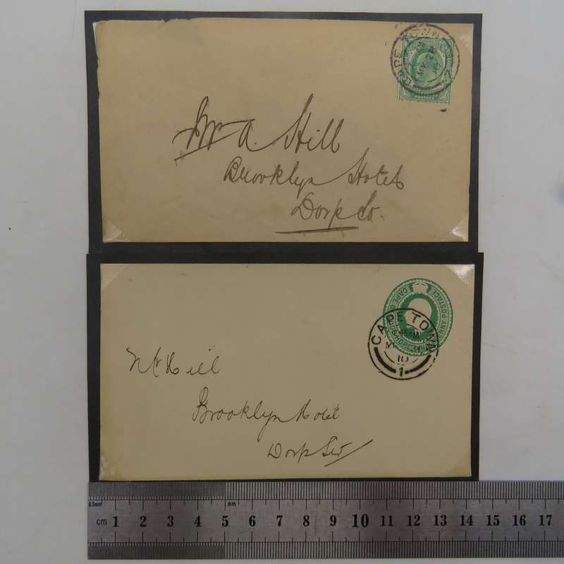 Pair of Envelopes Cape Town to the Brooklyn Hotel in Dorp St. Both with Double Circle dated cancel