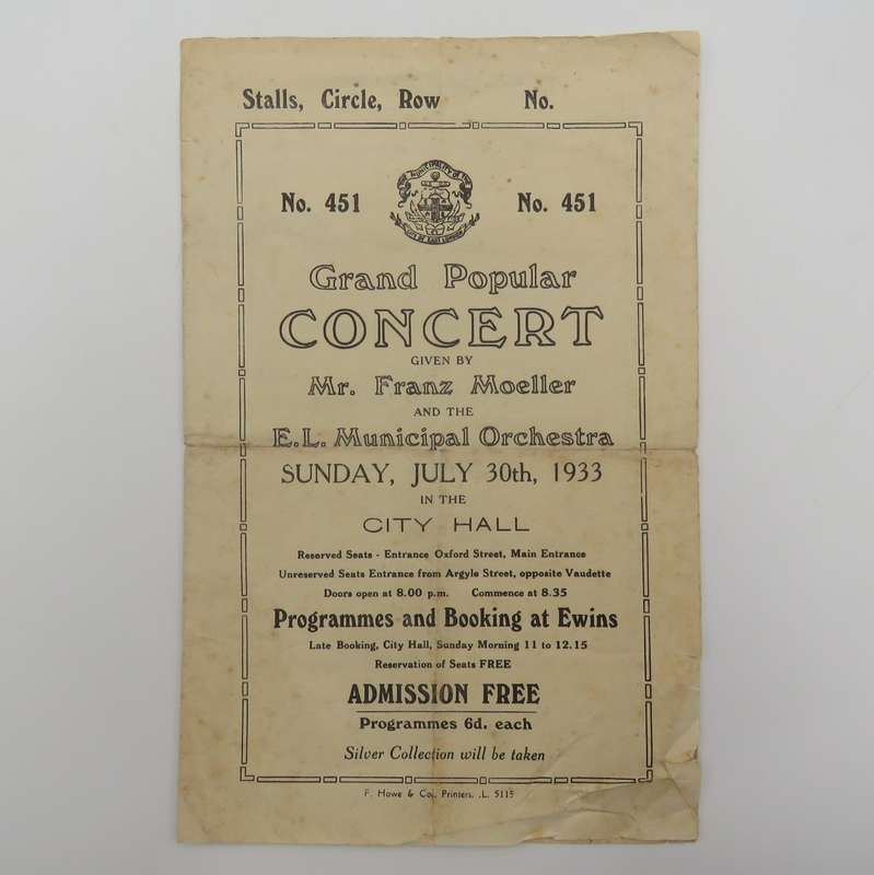 1933 Program for Concert by Franz Moeller & the East London Municipal Orchestra