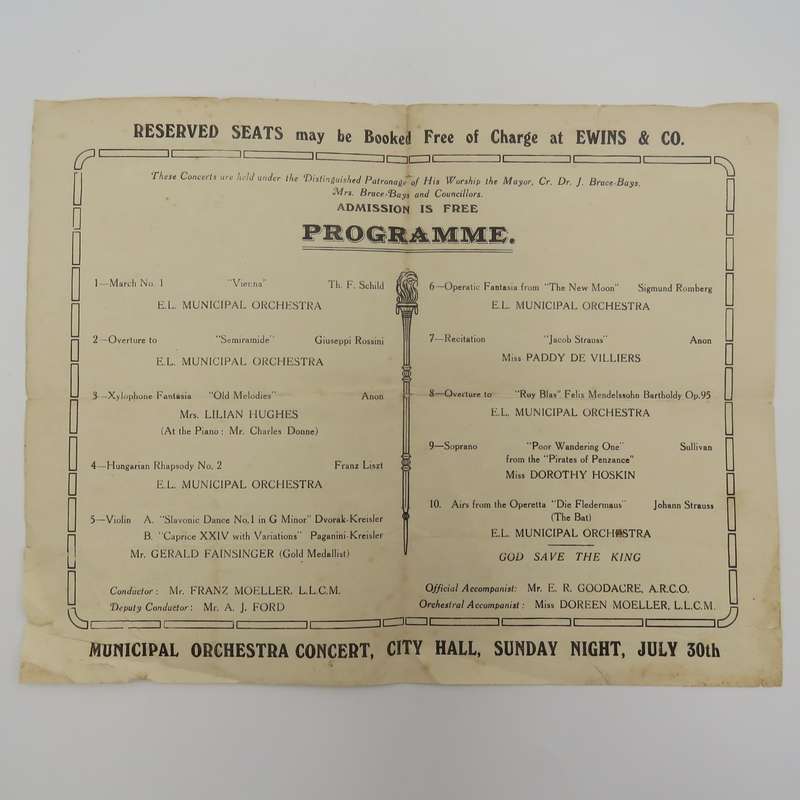 1933 Program for Concert by Franz Moeller & the East London Municipal Orchestra