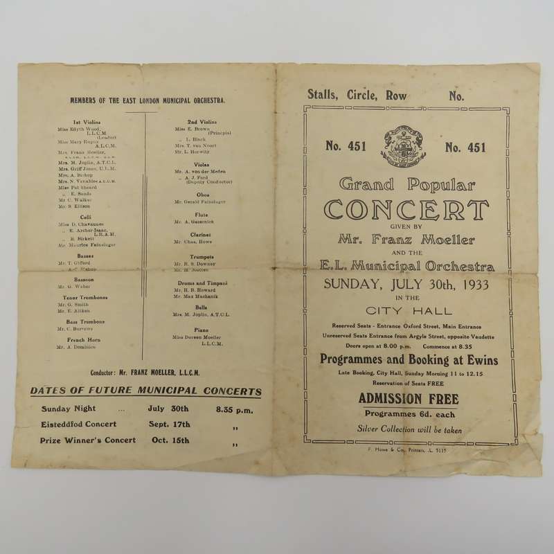 1933 Program for Concert by Franz Moeller & the East London Municipal Orchestra