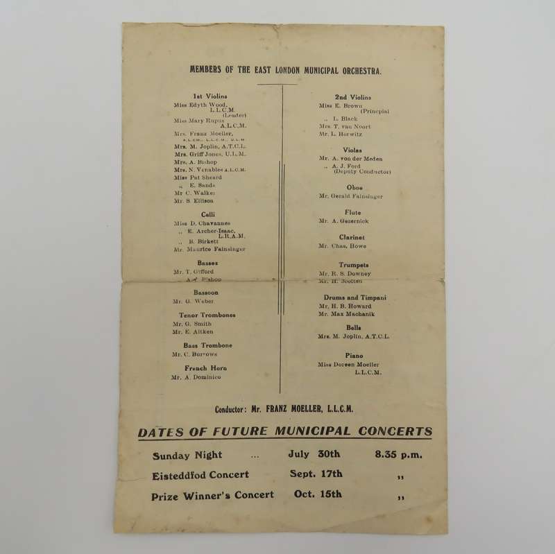 1933 Program for Concert by Franz Moeller & the East London Municipal Orchestra