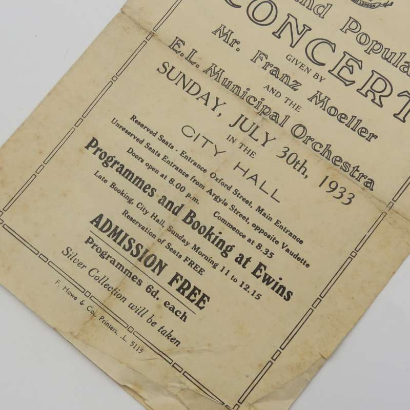 1933 Program for Concert by Franz Moeller & the East London Municipal Orchestra