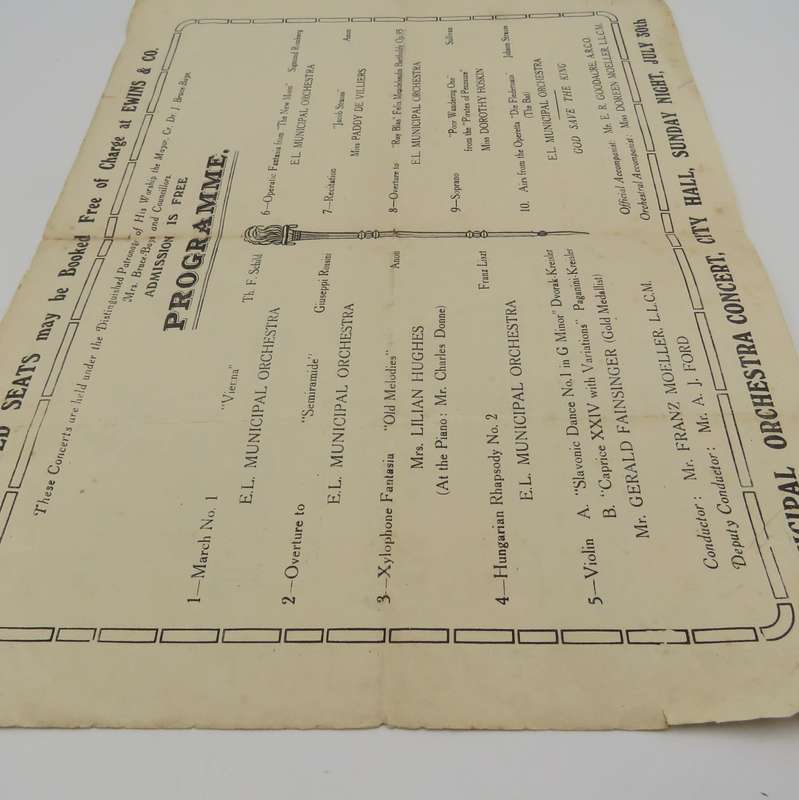 1933 Program for Concert by Franz Moeller & the East London Municipal Orchestra