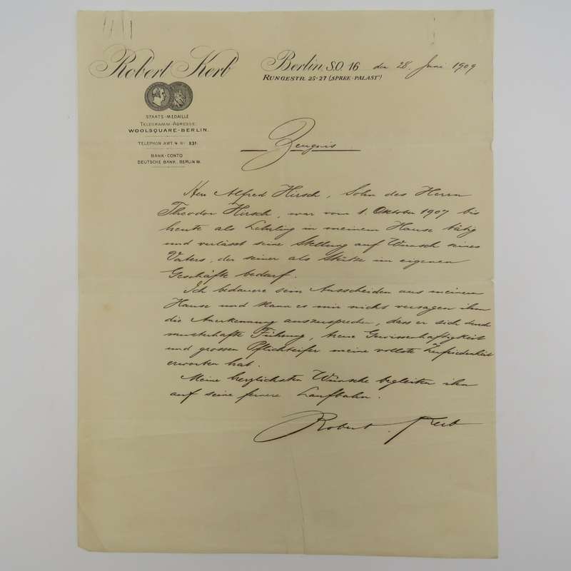 1936 Testimonial by J Rothschild for a Mr Hirsh - washing factory Duisburg plus a testimonial