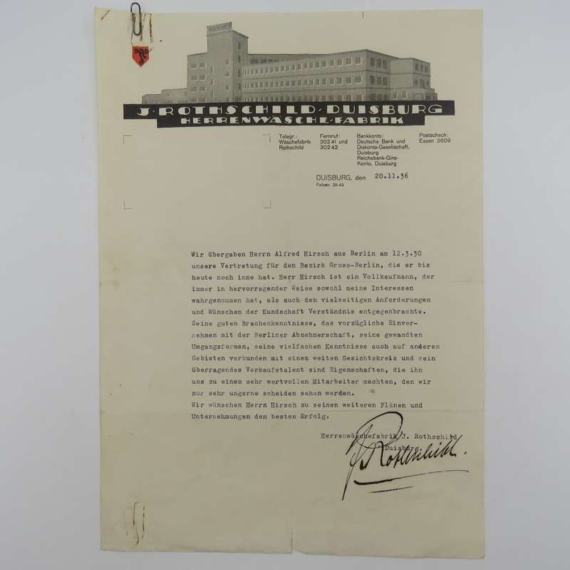 1936 Testimonial by J Rothschild for a Mr Hirsh - washing factory Duisburg plus a testimonial