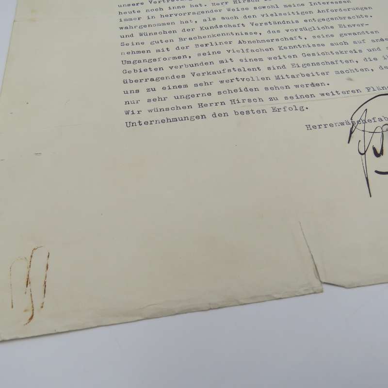 1936 Testimonial by J Rothschild for a Mr Hirsh - washing factory Duisburg plus a testimonial