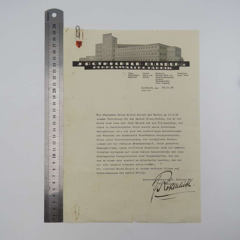 1936 Testimonial by J Rothschild for a Mr Hirsh - washing factory Duisburg plus a testimonial
