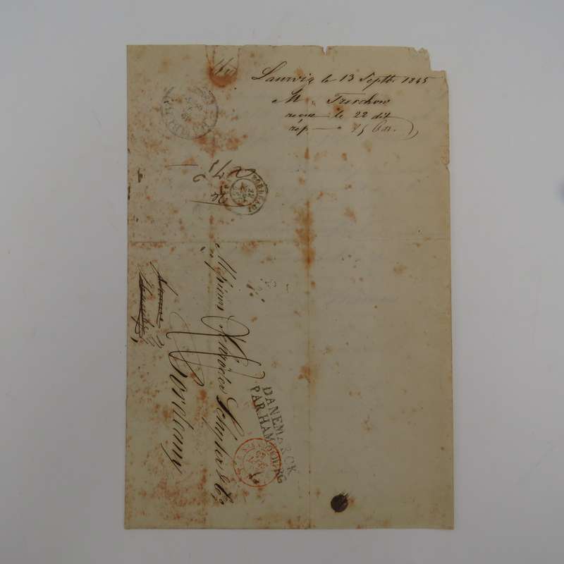 1845 Letter sent from Lauwig (Norway) to Bordeaux (France) forwarded through Hamburg (Germany)