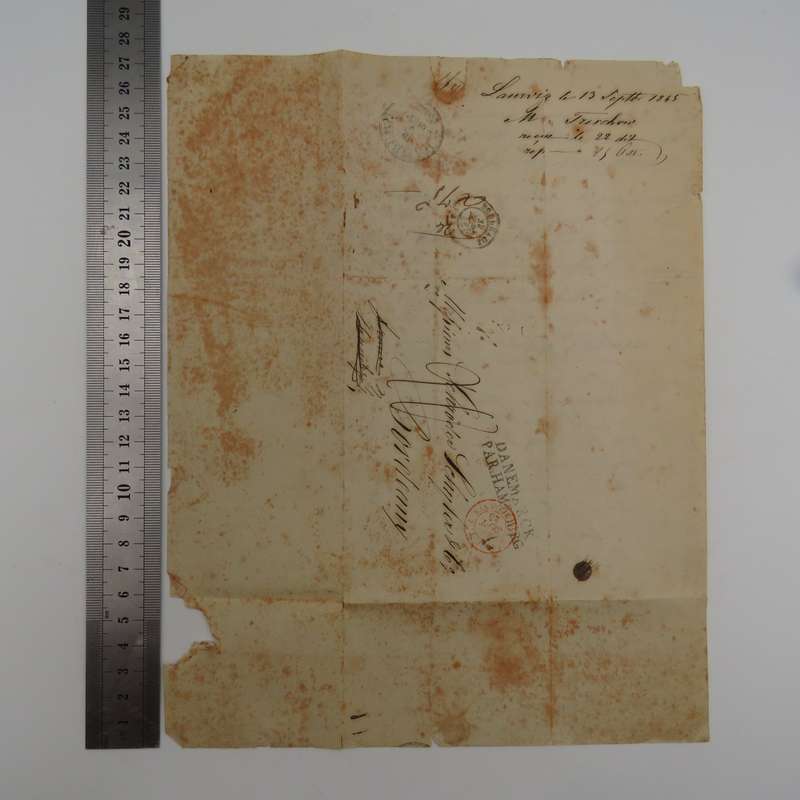 1845 Letter sent from Lauwig (Norway) to Bordeaux (France) forwarded through Hamburg (Germany)