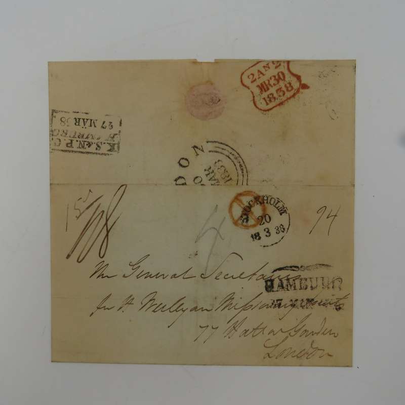 1838 Cover from Stockholm to London forwarded through the Swedish - Norwegian Post Office in Hamburg