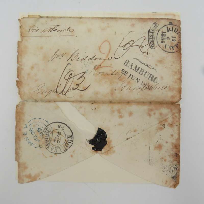 1855 Cover from Copenhagen to Hampshire forwarded through the Danish Post Office in Hamburg