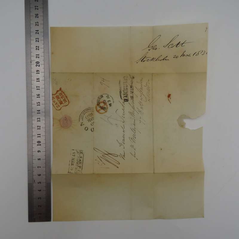 1838 Cover from Stockholm to London forwarded through the Swedish - Norwegian Post Office in Hamburg
