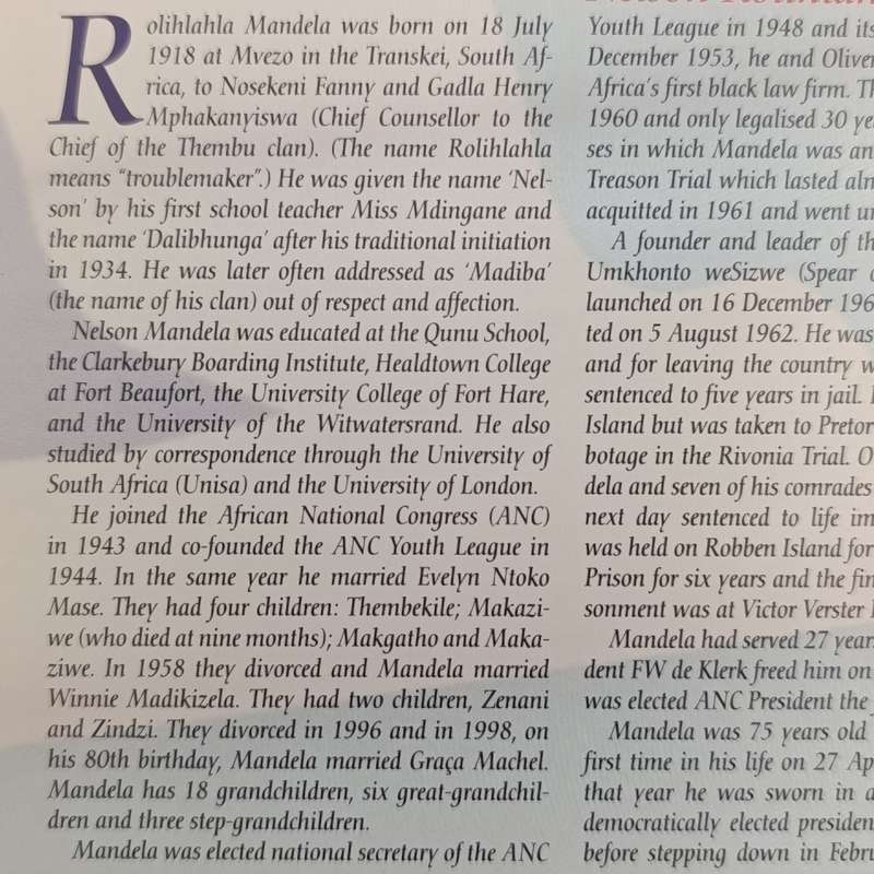 Nelson Rolihlahla Mandela souvenir album with stamps, phonecards, postal covers etc