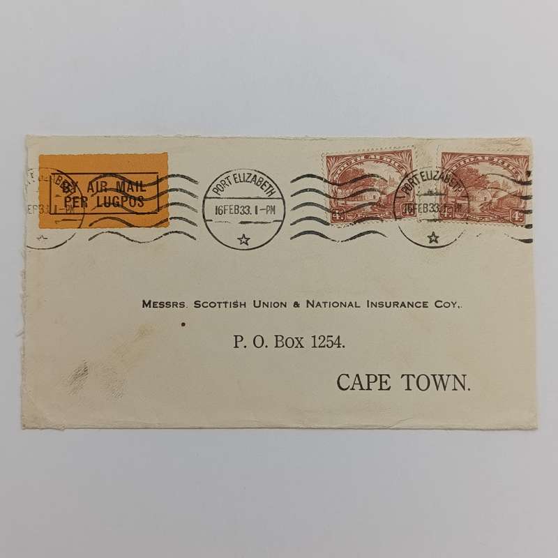 Air Mail cover from Port Elizabeth to Cape Town 16 February 1933 with Port Elizabeth roller
