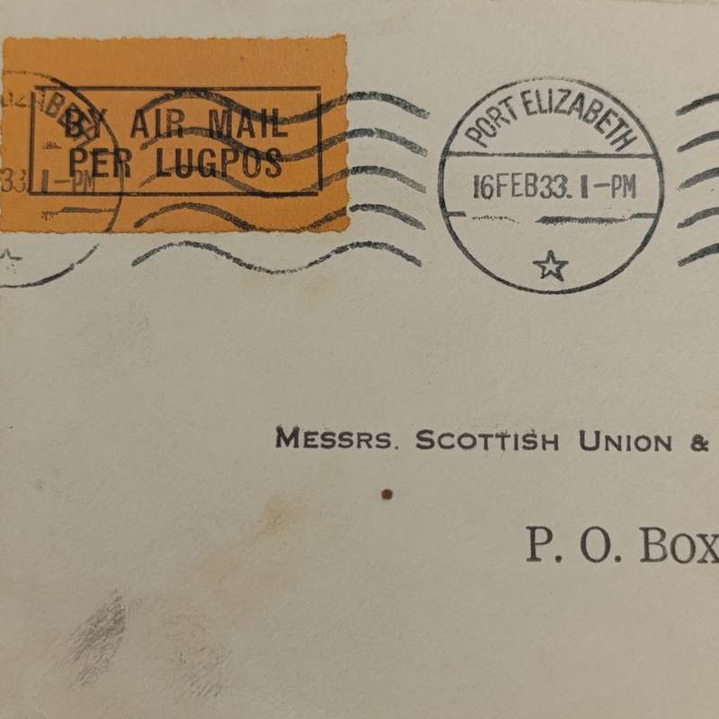 Air Mail cover from Port Elizabeth to Cape Town 16 February 1933 with Port Elizabeth roller
