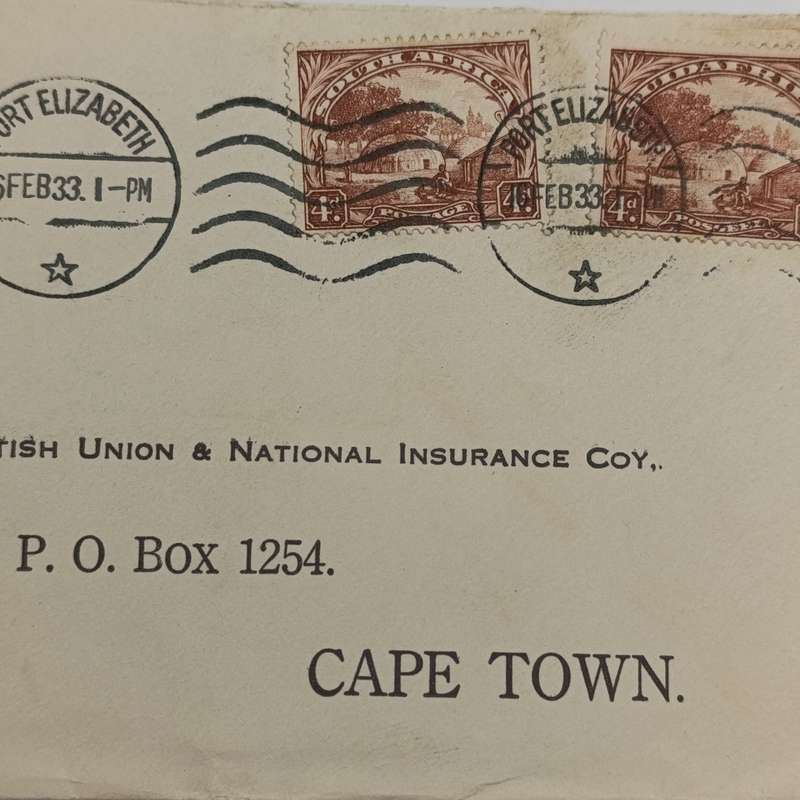 Air Mail cover from Port Elizabeth to Cape Town 16 February 1933 with Port Elizabeth roller
