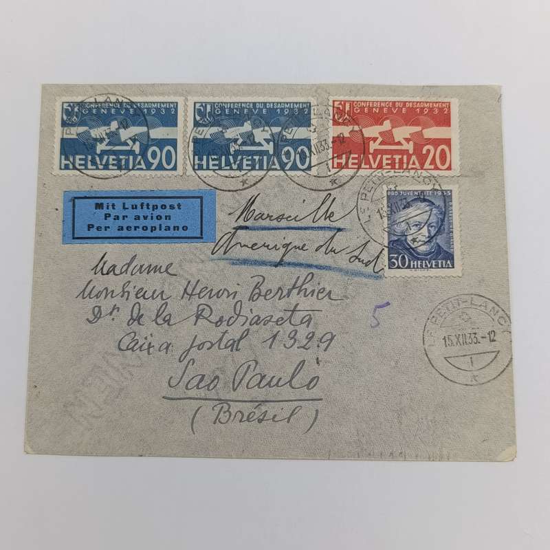 Air mail cover Petit-Lancy  Switzerland to SAO Paulo Brazil cancelled 15-12-1933