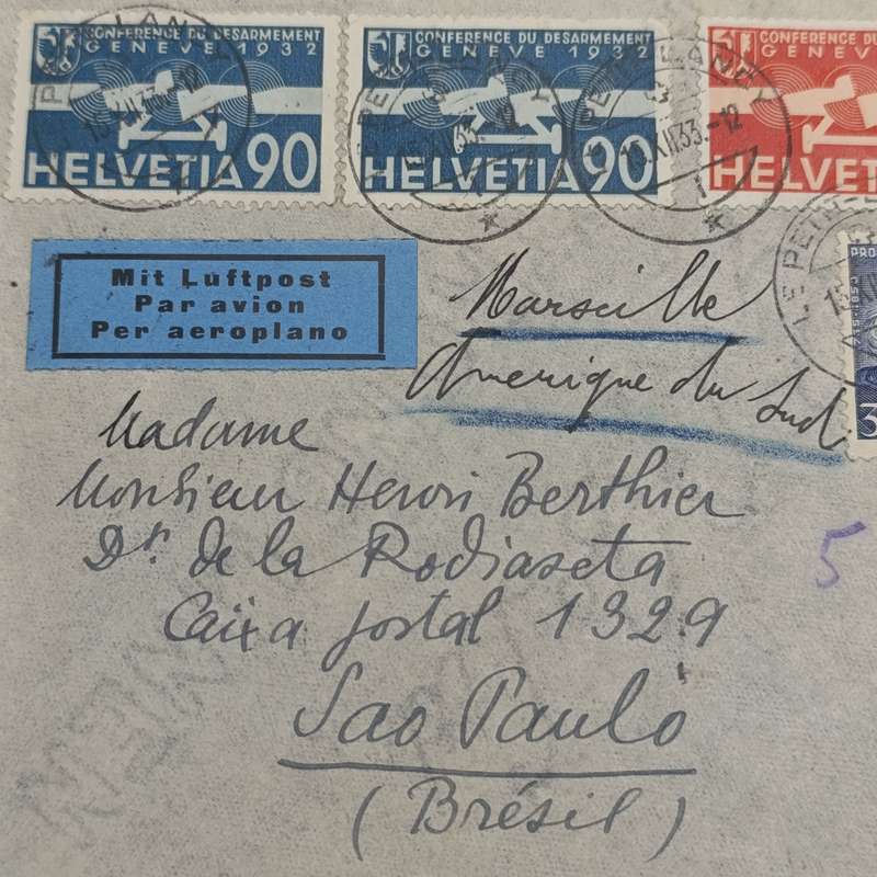 Air mail cover Petit-Lancy  Switzerland to SAO Paulo Brazil cancelled 15-12-1933