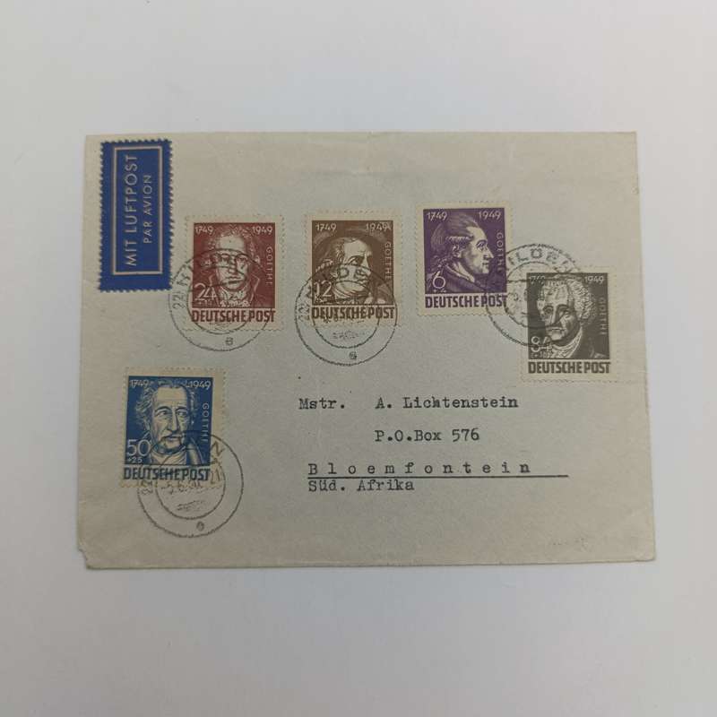 Airmail cover from Hilder Germany to Bloemfontein South Africa with blue Luftpost label