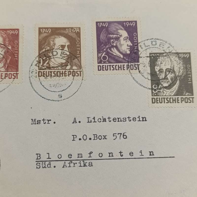 Airmail cover from Hilder Germany to Bloemfontein South Africa with blue Luftpost label