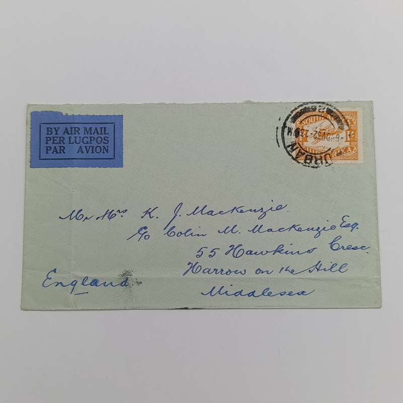 South African Air mail cover from Durban South Africa to Middlesex England 8 November 1932