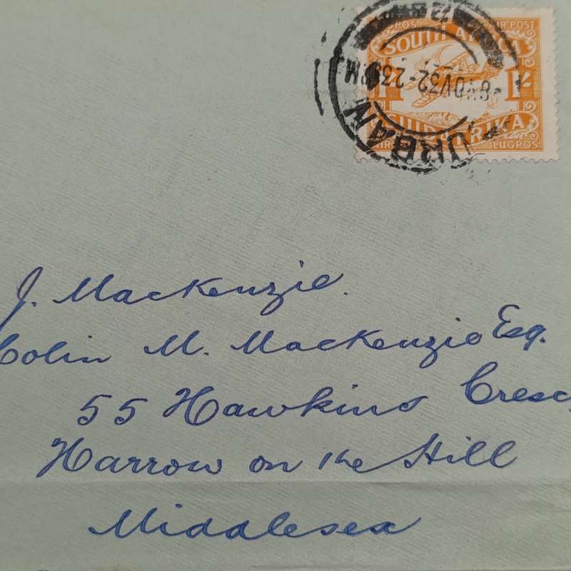 South African Air mail cover from Durban South Africa to Middlesex England 8 November 1932