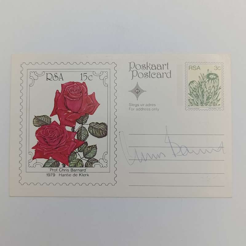 1979 South Africa rose postcard with Prof Chris Barnard rose - signed by Prof Barnard